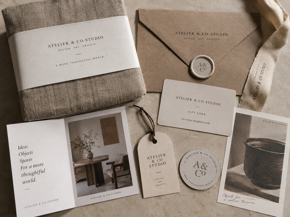Bespoke corporate gift packaging concept for Atelier & Co Studio with printed belly band, gift card, envelope, tag and ribbon.