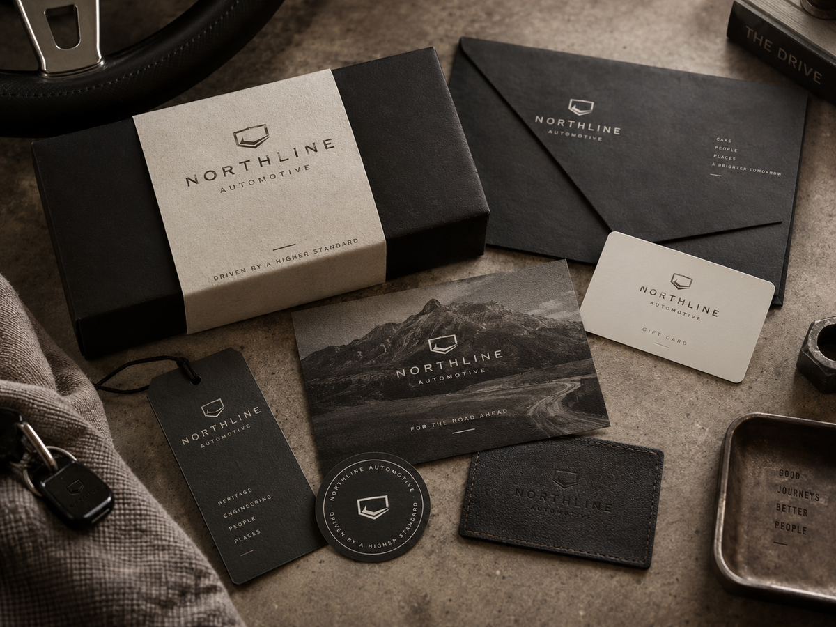 Northline Automotive bespoke corporate gifting concept with branded gift box, belly band, printed card, tag and leather accessory.