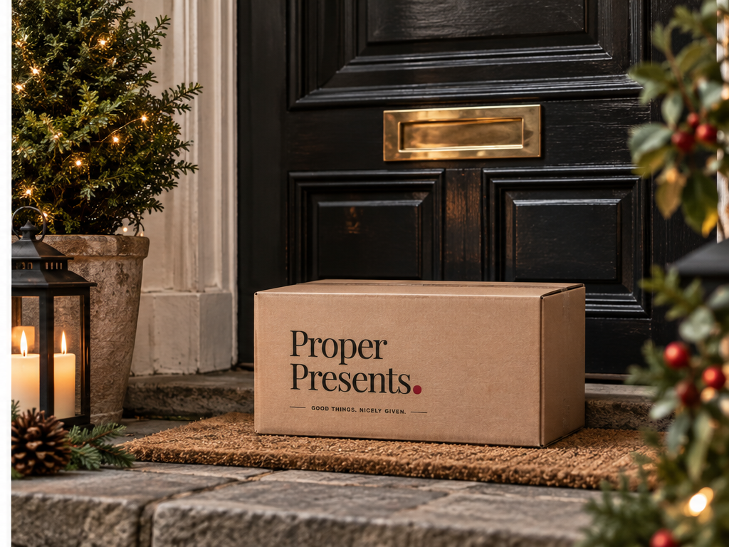 Proper Presents cardboard gift box delivered to a front doorstep