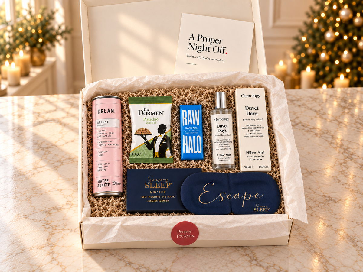 A Proper Night Off corporate wellbeing gift box with evening wind-down treats